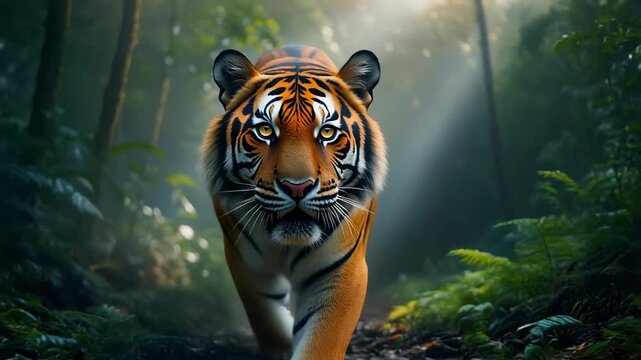 Bengal tiger walking through lush green forest environment wildlife predator big cat majestic animal natural habitat jungle