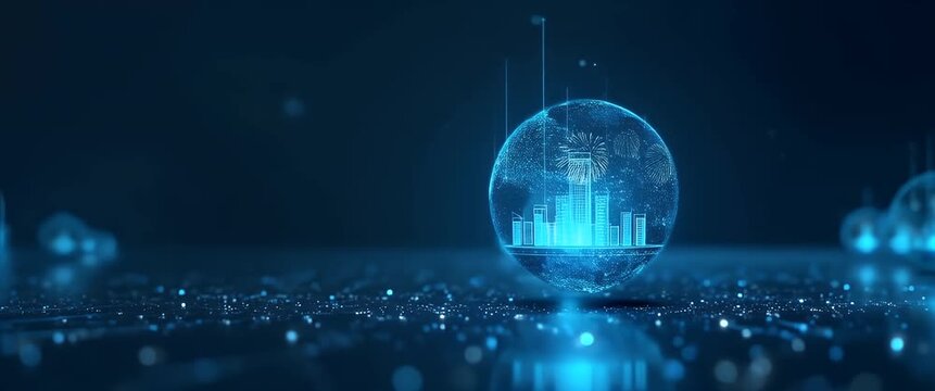 Futuristic digital cityscape inside glowing spheres rotates slowly, while the camera smoothly pans across the ambient, softly illuminated network, creating a cinematic and technologically advanced atm