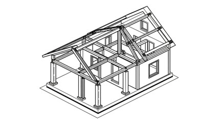 Architectural drawing of a house under construction showing framing and structure.