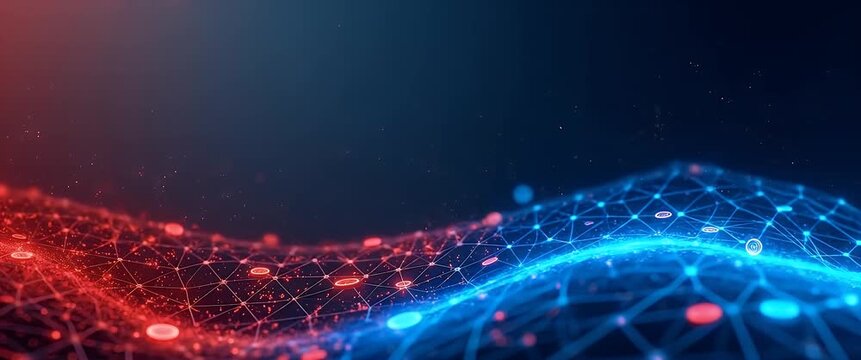 Glowing digital network nodes gently pulse in an abstract wave pattern as the camera slowly pans across a futuristic landscape, showcasing a vibrant, cinematic view of technology and innovation.