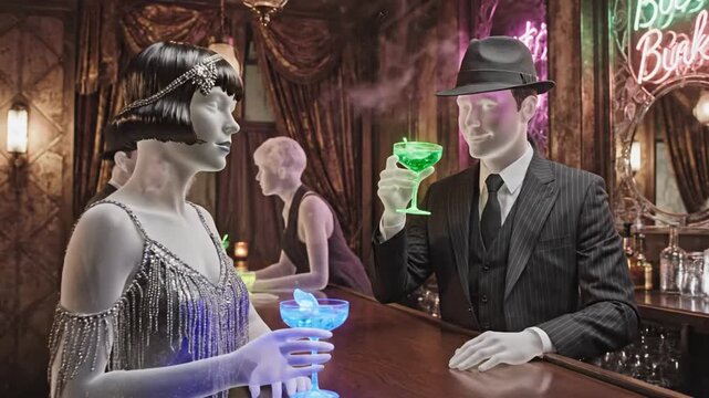 Stylish people enjoying glowing cocktails in vintage speakeasy bar