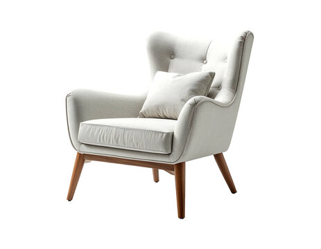 Elegant white armchair with wooden legs isolated on white background.