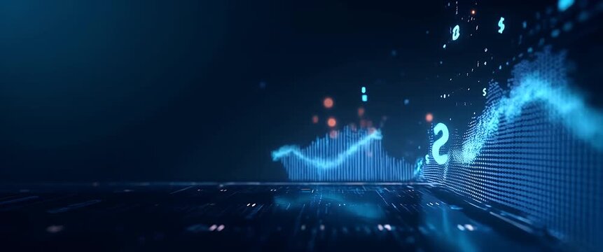 Digital financial graph pulses with animated currency symbols as the camera gently pans across a futuristic interface, highlighting a dynamic stock market in a cinematic style.