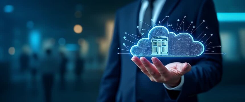 Business professional holds holographic cloud icon in a futuristic office environment; camera slowly pans as digital lines animate and ambient light flickers, creating a cinematic tech innovation scen
