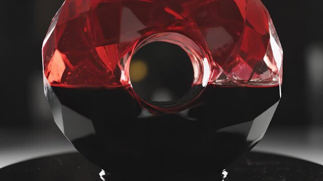 The red crystal object is displayed prominently on a black surface. This red crystal features intricate facets that catch the light and create reflections in the setting.