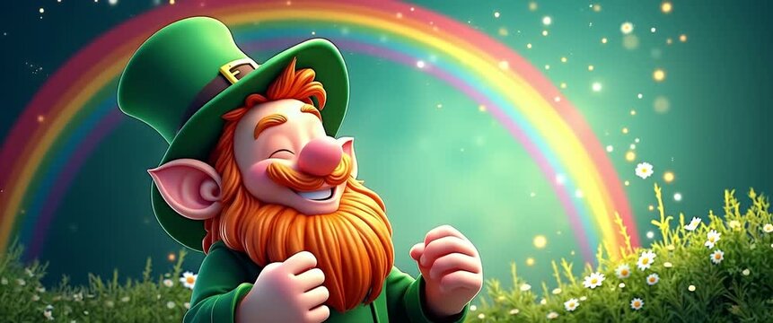 Cheerful leprechaun rejoices under a vivid rainbow, with gentle ambient sparkles and a slow camera pan, creating a whimsical, vibrant scene perfect for animated storytelling.