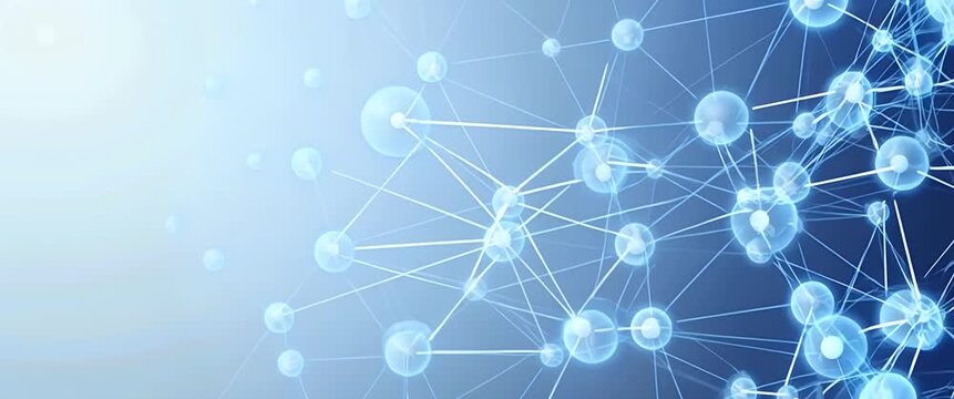Futuristic network nodes gently pulsate while the camera slowly pans across a blue abstract digital background, creating a dynamic and cinematic technology visualization.