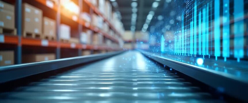Automated conveyor belts glide smoothly through a futuristic warehouse, with digital data visuals overlaying the scene; camera tracks slowly, creating a dynamic, cinematic industrial ambiance.