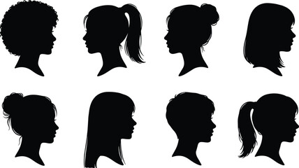 Hairstyle silhouettes illustration, diverse hair types female profile character design, vector artwork, fashion and education theme, isolated background