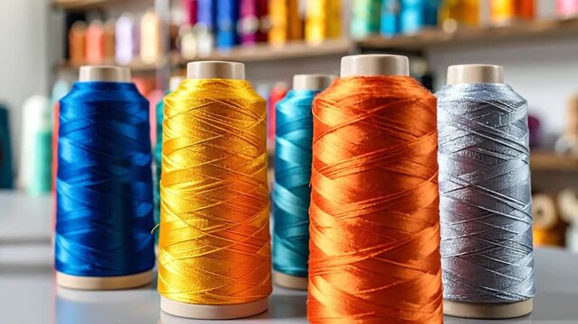Vibrant spools of thread in various colors arranged on a table, ready for sewing projects.