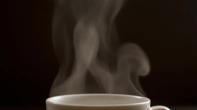 Coffee steam rising continuously from cup, smooth loopable motion, dark background, 4K