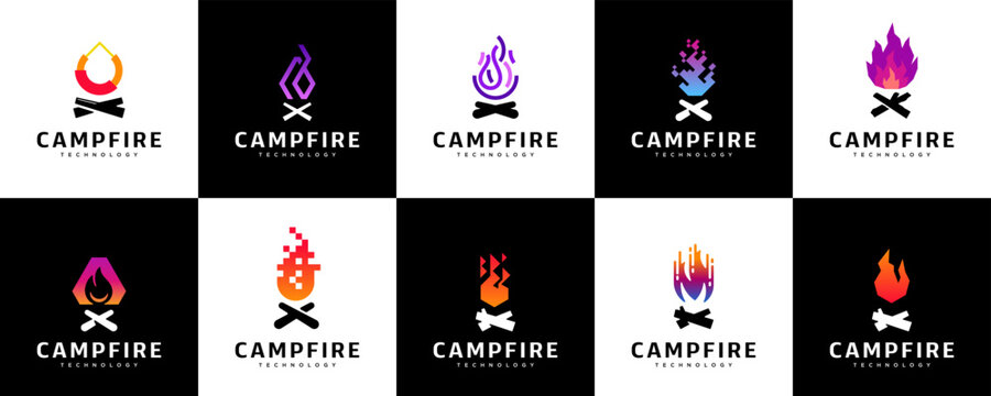 A collection of campfire logos with concepts of technology, energy, innovation, and vector graphic design.