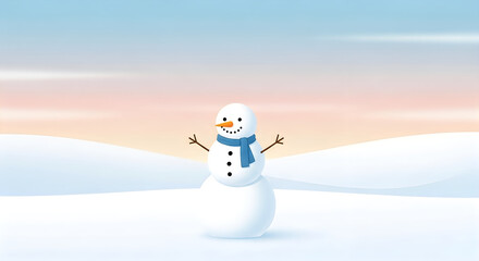 Fototapeta premium A cheerful snowman stands alone in a snowy landscape with a vibrant sky
