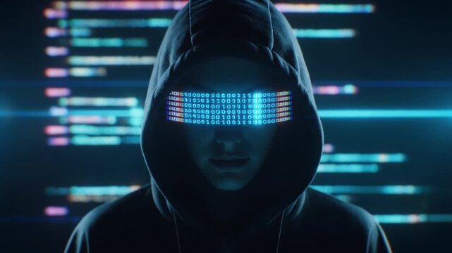 Hooded Hacker Silhouette with Blue Code Lines Cybersecurity Concept
