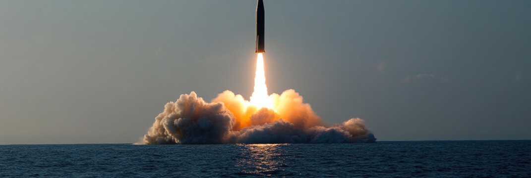Ballistic missile launching from the open ocean , creating a huge fiery explosion and smoke plume, reflecting concepts of national security, military might, and advanced weaponry.