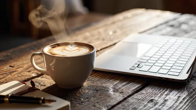 a coffee cup with steam above it, placed beside a laptop on a wooden table. A notebook and pen are also present on the rustic table surface.