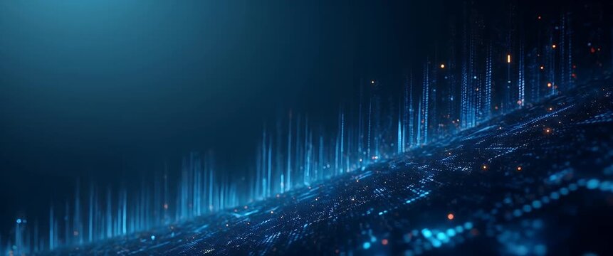 Futuristic data stream with glowing light particles and lines moves gently in a digital landscape, as the camera slowly pans across this cinematic, technology-focused scene.