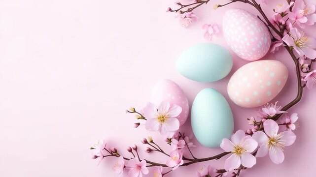 Panning shot of pastel easter eggs arranged with cherry blossom branches on pink backdrop flat lay in studio