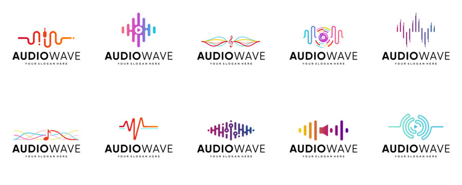 collection of audio wave logos, modern abstract, broadcasting, equalizer, frequency, vector design template.