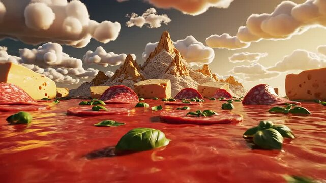 Surreal landscape of pizza ingredients with cheese, pepperoni, basil, and sauce