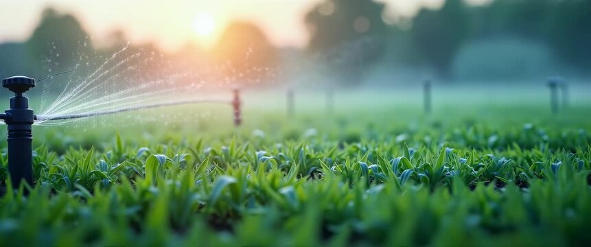 Cinematic close-up of a sprinkler watering lush green crops at sunrise, with gentle droplets sparkling in the light; slow pan across vibrant agricultural scene for a serene, growth-focused visual.
