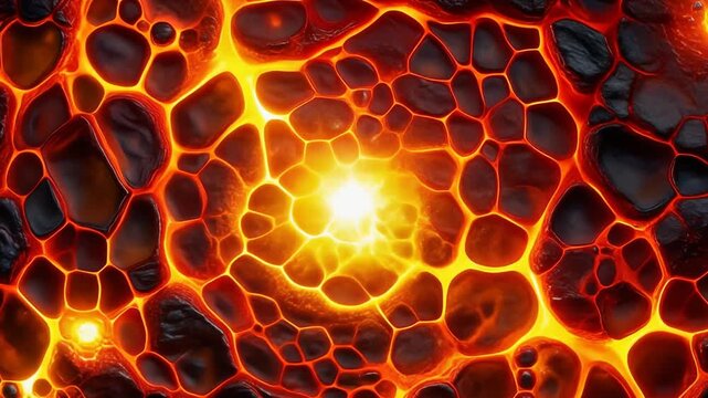 Glowing molten lava cells closeup volcanic magma honeycomb texture