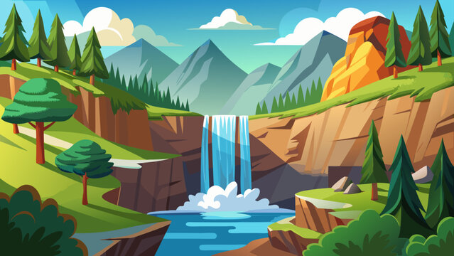 Minimal cartoon vector of a wide tall waterfall falling down steep mountain slope with open natural scenery flat clean design