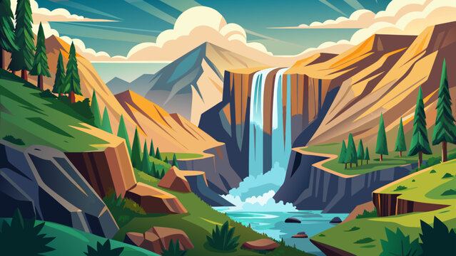 Minimal cartoon vector of a wide tall waterfall falling down steep mountain slope with open natural scenery flat clean design