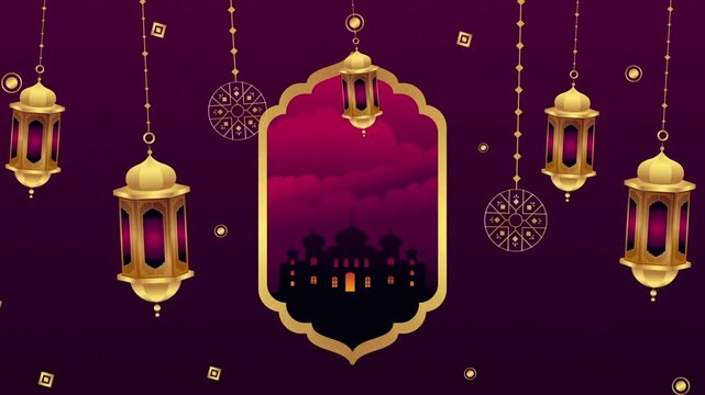 Islamic Festival Decoration Golden Lanterns Mosque Silhouette