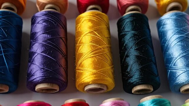 Colorful spools of thread arranged in neat rows, perfect for sewing and crafting projects.