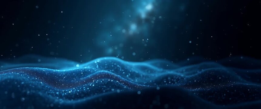 Glistening particles gently drift over undulating waves, as the camera slowly pans across a serene cosmic landscape, capturing a mesmerizing, cinematic ambiance with a touch of ethereal beauty.
