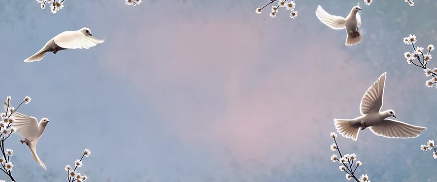 Elegant doves gracefully glide among blooming cherry blossoms, as the camera gently pans across a tranquil, watercolor-inspired scene with soft ambient light flickering.