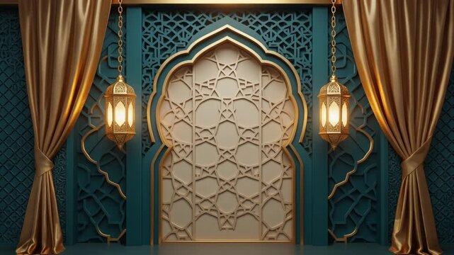 Elegant Islamic archway with gold lanterns and ornate geometric pattern
