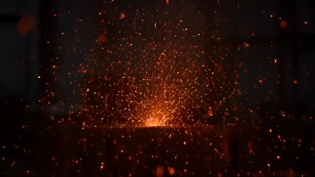 Dramatic display of bright orange sparks erupting in a dark environment