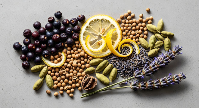 Assorted Gin Botanicals Flat Lay on Neutral Background