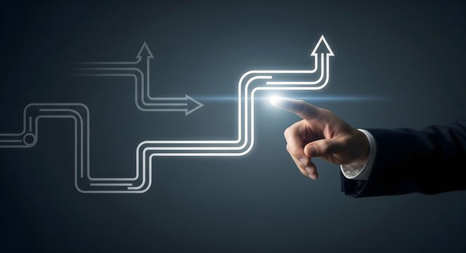 Hand of a businessman pointing at a glowing arrow among multiple branching paths, representing strategic decision-making, future direction, and growth.