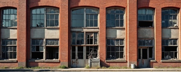 Obraz premium Old red brick factory building exterior with many broken windows. Abandoned industrial structure facade shows decay and weathering. Empty weathered building has copy space above.
