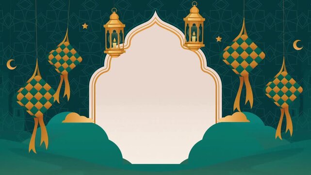 Islamic Festive Background with Lanterns and Ketupat Decorations