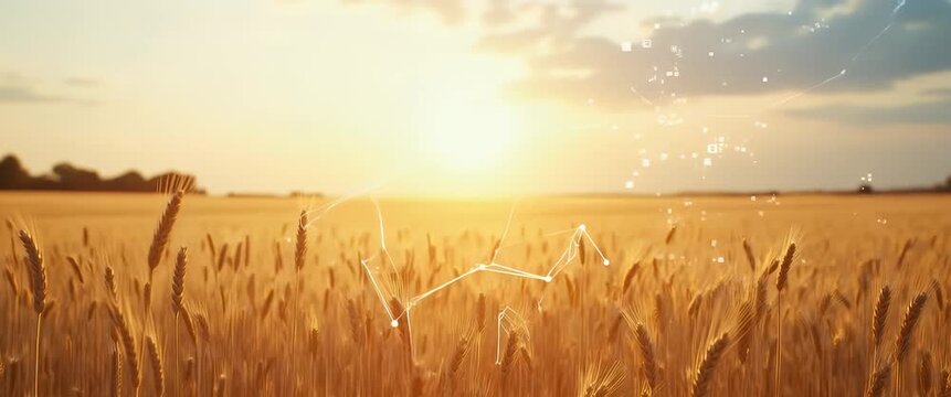Golden wheat field sways gently in the breeze as digital connections overlay, with a cinematic slow pan at sunset, highlighting the intersection of agriculture and technology.