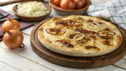 Onion pizza with melted cheese, fresh ingredients, italian food on wooden board