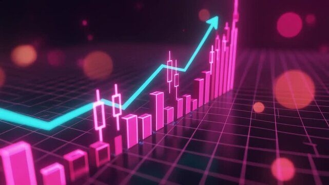 Neon 3D Financial Chart with Candlesticks and Line Graph Stock Market Visualization