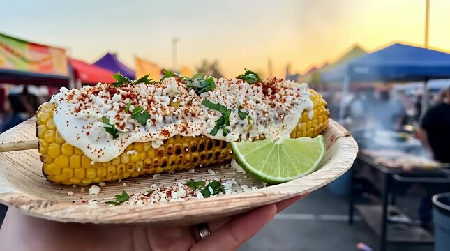 Delicious mexican street corn elote with lime and spices at a bustling food market corn street corn.
