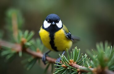 Naklejka premium Great tit bird with yellow and black plumage sits on fir tree branch. Its head is turned towards camera, showing its distinctive white cheeks and black stripe. Background is softly blurred green.