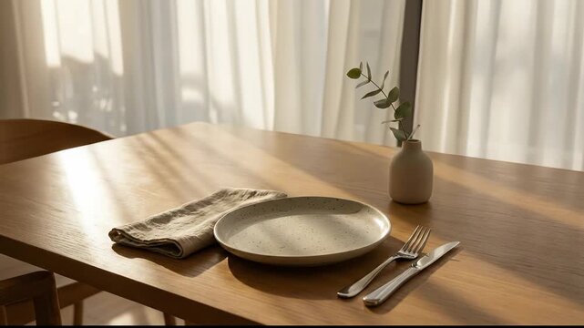 Cozy dining table set by window, bathed in warm natural light.
