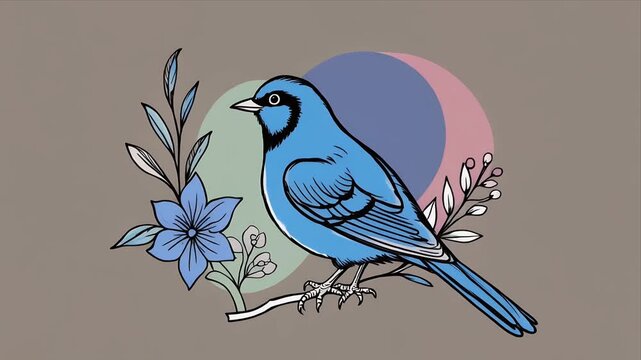 Vibrant blue bird perched on branch with colorful flowers and leaves
