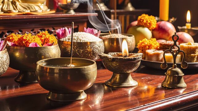 Ornate Brass Altar Setup With Flowers Incense And Lit Diyas Creates Spiritual Atmosphere