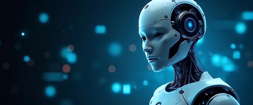 Futuristic AI robot gracefully turns its head while the camera smoothly pans, surrounded by softly glowing digital lights in a cinematic, high-tech ambiance.
