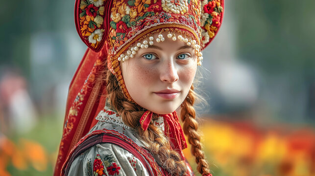 Young woman in traditional red folk costume with pearl headdress