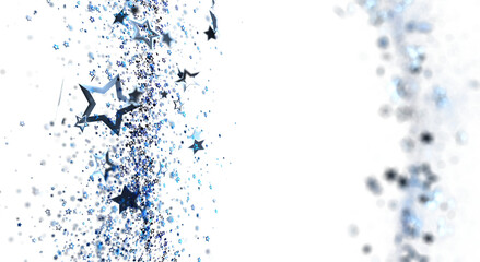 Obraz premium Artistic image of sparkling blue stars and confetti on a clean white backdrop. Perfect for elegant and festive designs.