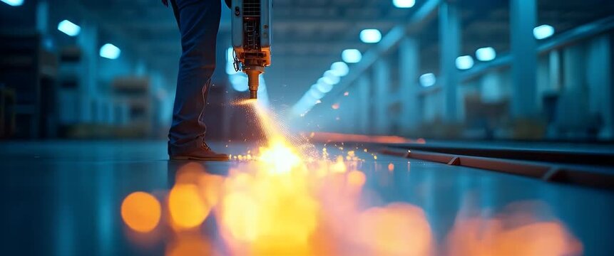 Industrial worker uses a powerful drill, sparks flying dynamically, while the camera smoothly pans through the modern factory, capturing a cinematic scene of innovation and technology.